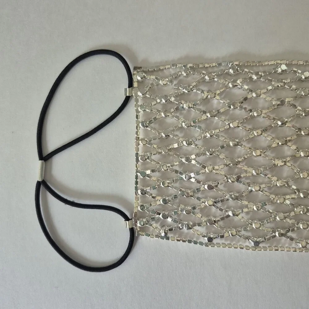 Silver Bling Shiny Rhinestone Mesh Cosplay Costume Face Mask Accessory New